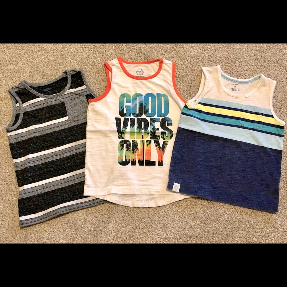 Old Navy black/gray tank 5T, Wonder Nation white/orange 4/5, Carter’s tank 5T